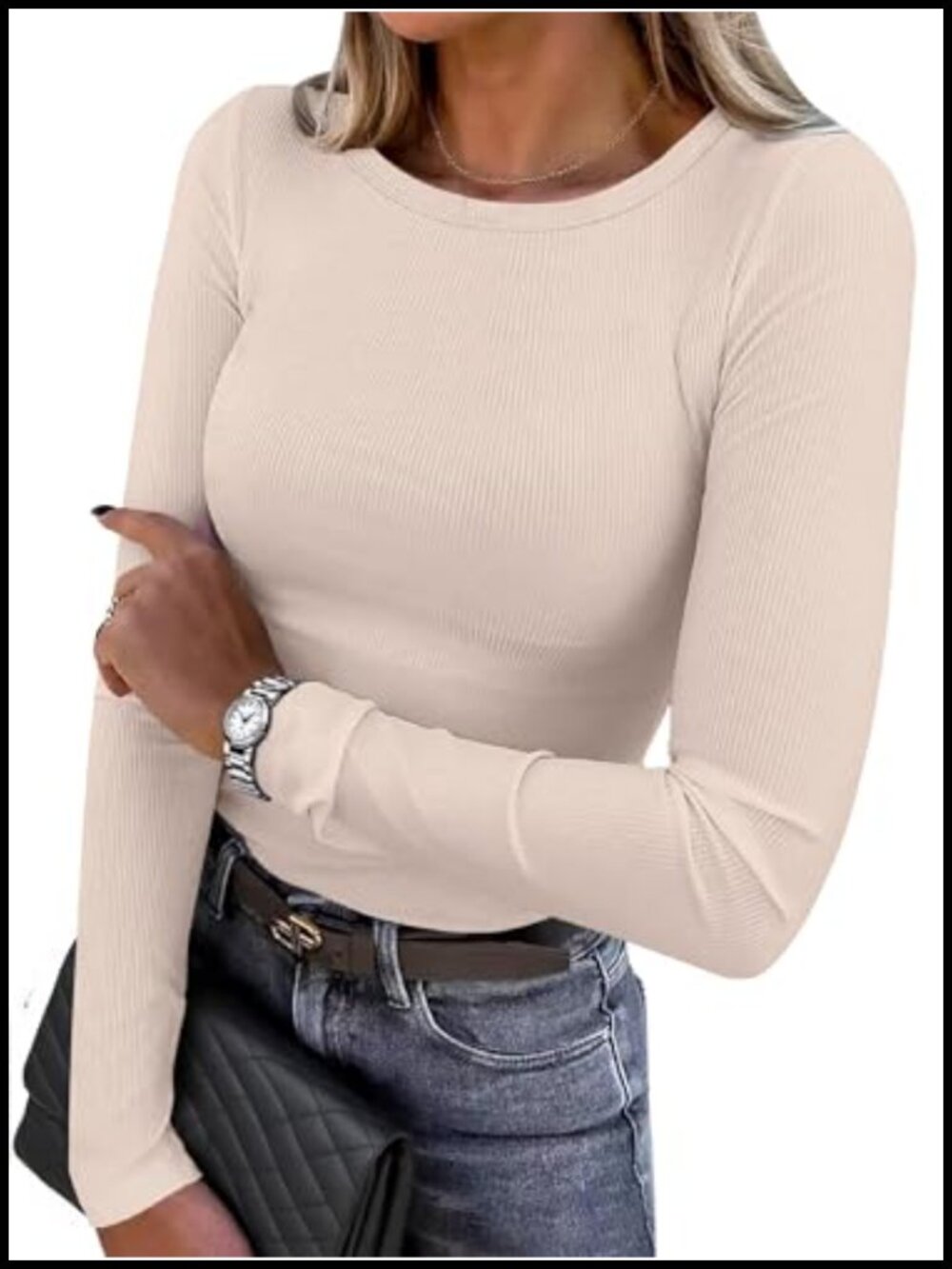 Ribbed Knit Long Sleeve Slim Fit Crewneck T-Shirt